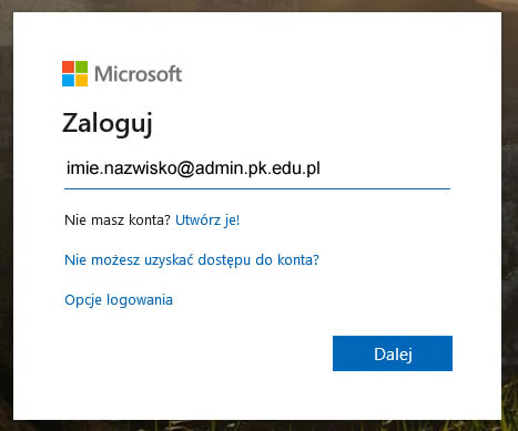 Zrzut ekranu okna logowania